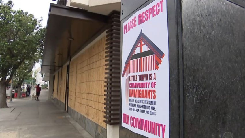 A sign urging calm in the Little Tokyo area of downtown Los Angeles.