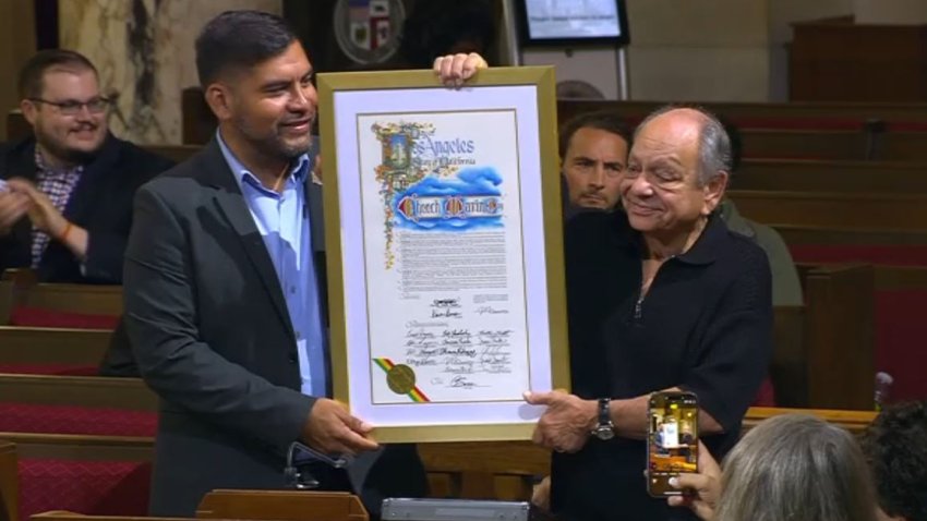 Cheech Marin (right) appears alongside Councilman Hugo Soto-Martinez on Cheech Marin Day 2025.
