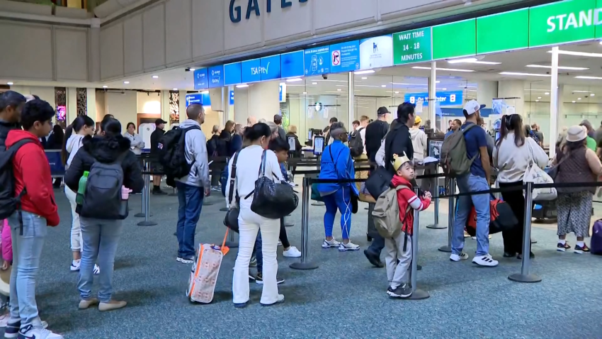 People wait in line at airport TSA