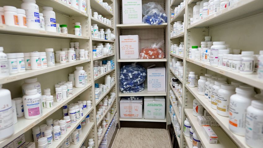 Medications are stored on shelves at a pharmacy on May 12, 2025 in Los Angeles, California.