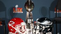 Eagles and Chiefs helmets and the Lombardi Trophy