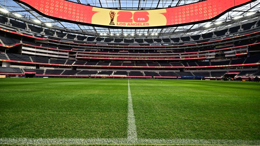 The new test pitch for the 2026 World Cup at Sofi Stadium, revealed to the media in Inglewood, California on March 13, 2025. The pitch will be used for the upcoming Concacaf Nations League semifinals on March 20 when the US play Panama and Canada plays Mexico. (Photo by Frederic J. BROWN / AFP) (Photo by FREDERIC J. BROWN/AFP via Getty Images)
