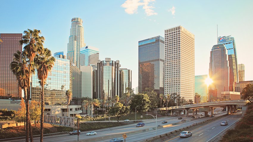 A quiet dowtown LA traffic during Christmas holidays.  None congested 110 FWY with a peaceful, quiet sunset atmosphere at city of Los Angeles.