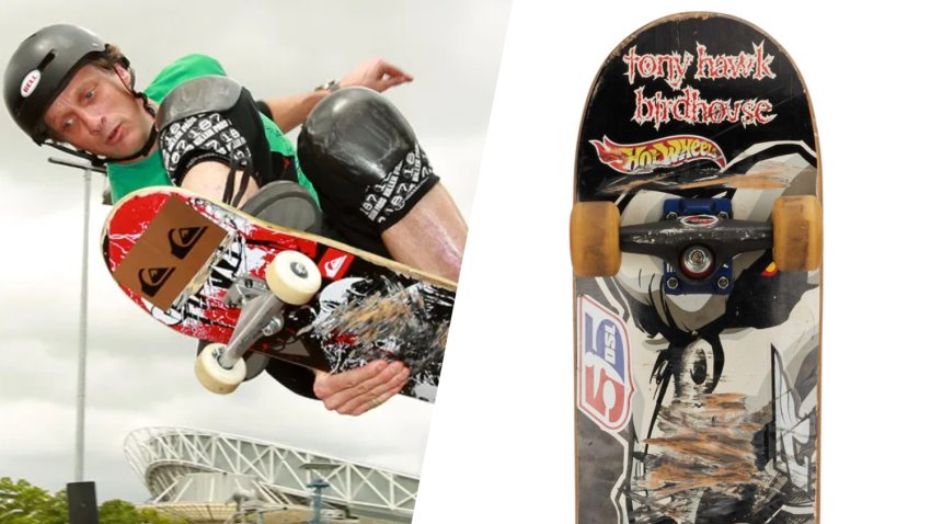 Tony Hawk and the iconic "900" board used at the firtst-ever documented 900, on bid at Julien's Auctions.