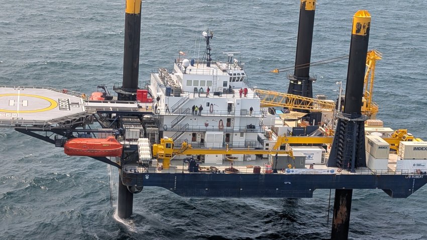 Liftboat Robert off the coast of Massachusetts as part of a drilling mission to tap fresh water from under the ocean floor.