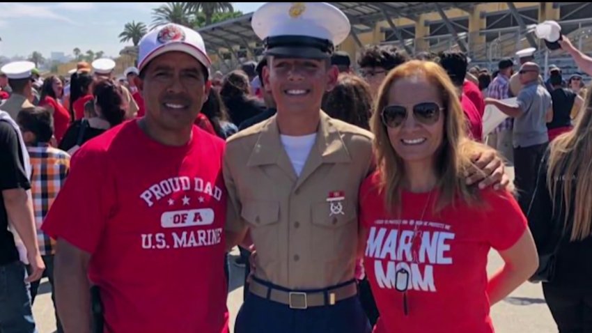 U.S. Marine Steve Rios of Oceanside and his parents, Esteban Rios and Luisa Rodriguez.