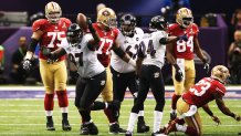 NEW ORLEANS, LA - FEBRUARY 03:  Arthur Jones #97 of the Baltimore Ravens reacts after he recovered a fumble by LaMichael James #23 of the San Francisco 49ers during Super Bowl XLVII at the Mercedes-Benz Superdome on February 3, 2013 in New Orleans, Louisiana.  (Photo by Ronald Martinez/Getty Images)