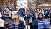 UNITED STATES - FEBRUARY 11: Members of the American Federation of Government Employees arrive for the "Rally to Save the Civil Service" in Upper Senate Park outside the Capitol on Tuesday, Feb. 11, 2025. (Bill Clark/CQ-Roll Call, Inc via Getty Images)
