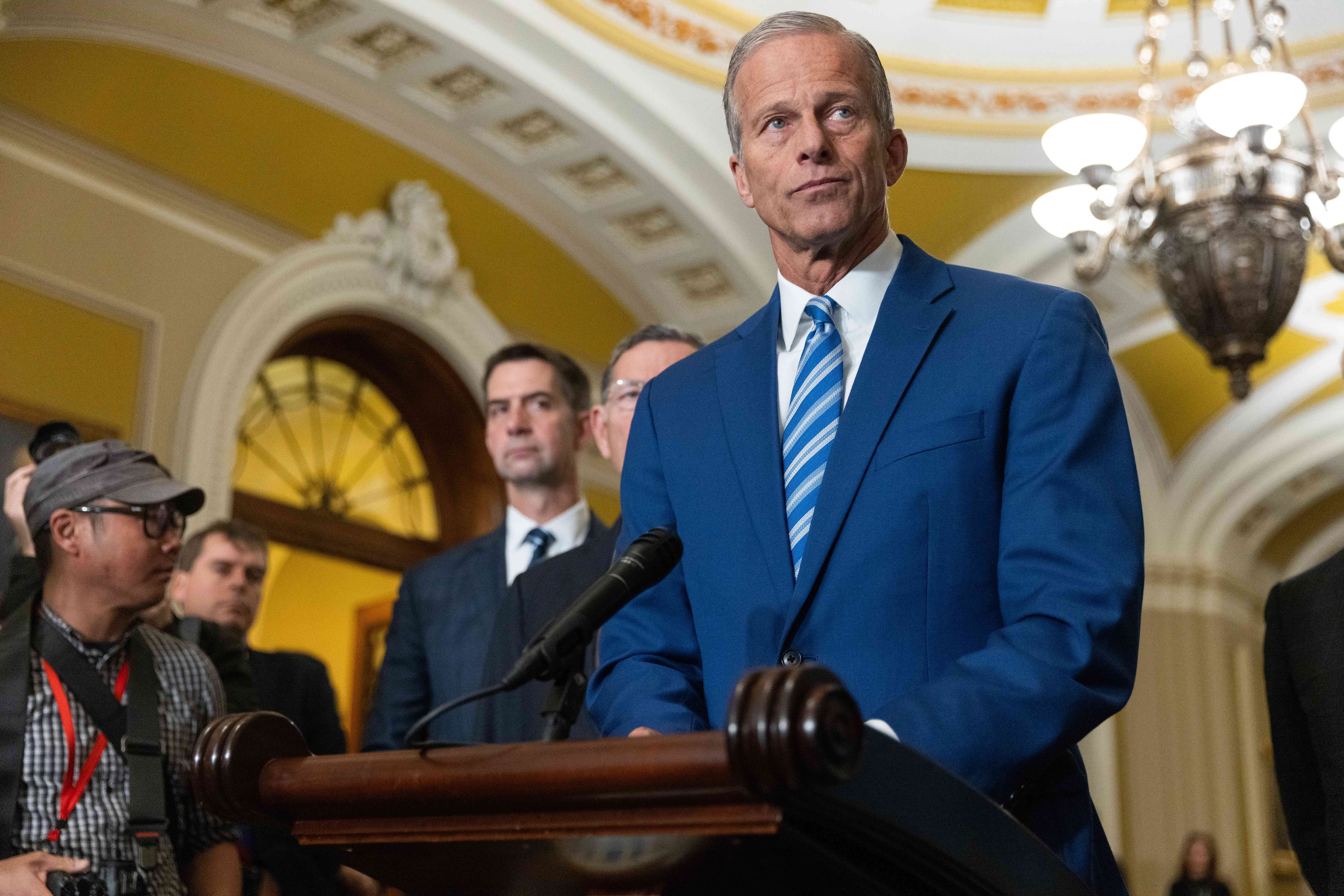 Senate Majority Leader John Thune (R-SD) speaks at a press conference