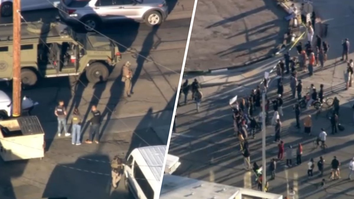 A crowd gathered on an Oxnard street after federal agents with an armored vehicle appeared in the community northwest of Los Angeles.