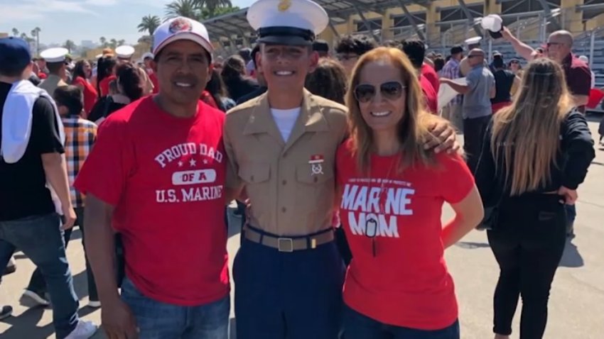 U.S. Marine Steve Rios of Oceanside and his parents, Esteban Rios and Luisa Rodriguez.