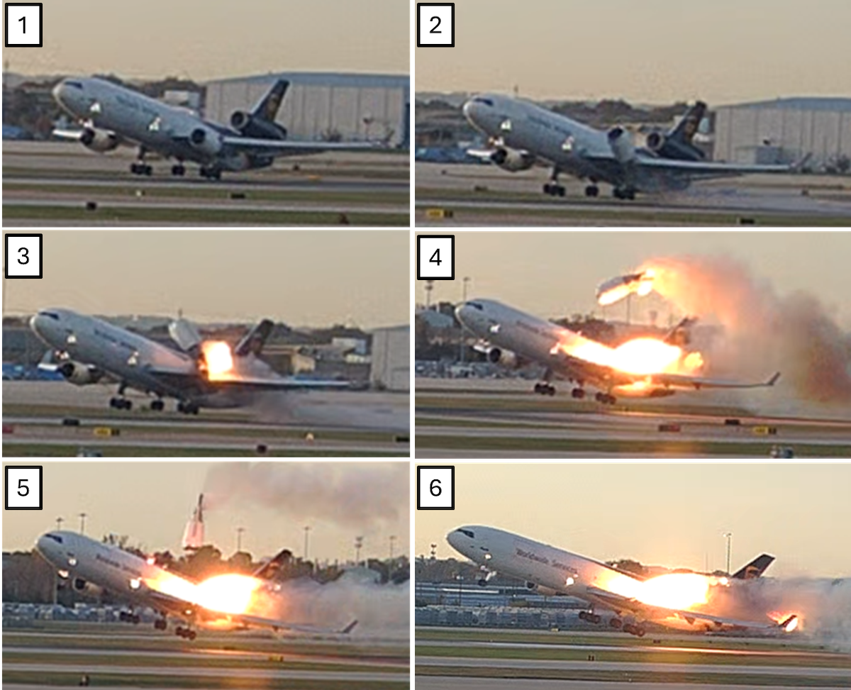 This combination photo provided by the National Transportation Safety Board (NTSB) via UPS shows a sequence of framegrabs made from video where an engine is seen detaching from the plane’s left wing upon takeoff at the Louisville International Airport in Louisville, Nov. 4, 2025