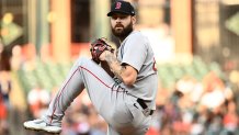 Aug 26, 2025; Baltimore, Maryland, USA; Boston Red Sox pitcher Lucas Giolito (54) delivers a pitch during the first inning against the Baltimore Orioles at Oriole Park at Camden Yards. Mandatory Credit: James A. Pittman-Imagn Images