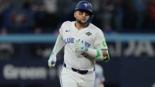 Nov 1, 2025; Toronto, Ontario, CAN; Toronto Blue Jays shortstop Bo Bichette (11) rounds the bases after hitting a three run home run against the Los Angeles Dodgers in the third inning for game seven of the 2025 MLB World Series at Rogers Centre. Mandatory Credit: Nick Turchiaro-Imagn Images