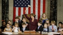 WASHINGTON - JANUARY 04:  Speaker of the House Nancy Pelosi (D-CA) waves the Speaker's gavel while surrounded by her own grandchildren and the children of other members of Congress after being elected as the first woman Speaker at a swearing in ceremony for the 110th Congress in the House Chamber of the U.S. Capitol January 4, 2007 in Washington, DC. Pelosi will lead House Democrats as the Democratic Party takes control of both houses of Congress.   (Photo by Chip Somodevilla/Getty Images)