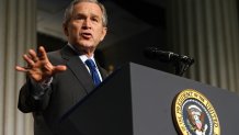 NEW YORK - JANUARY 31:  U.S. President George W. Bush speaks about the economy at Federal Hall January 31, 2007 in New York City.  Bush criticized corporate CEOs pay and later made a surprise visit to the New York Stock Exchange.   (Photo by Ron Antonelli-Pool/Getty Images)