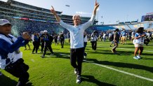 PASADENA, CALIFORNIA - OCTOBER 4: Jerry Neuheisel of UCLA Bruins celebrates after the game against Penn State Nittany Lions at Rose Bowl Stadium on October 4, 2025 in Pasadena, California. (Photo by Ric Tapia/Getty Images)