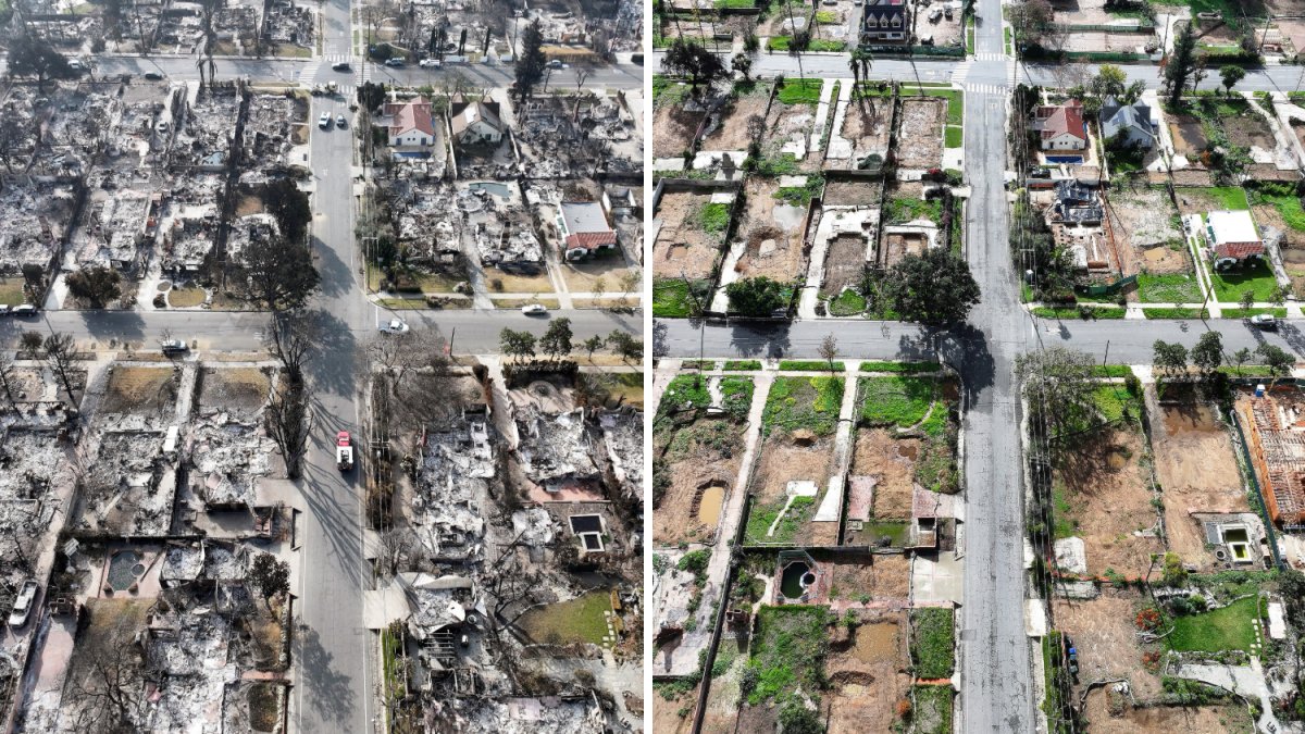 Aerial images show the Palisades and Altadena after the Palisades and Eaton fires and nearly one year later in December 2025.