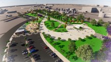 A rendering of a green public plaza with a sundial in the middle.