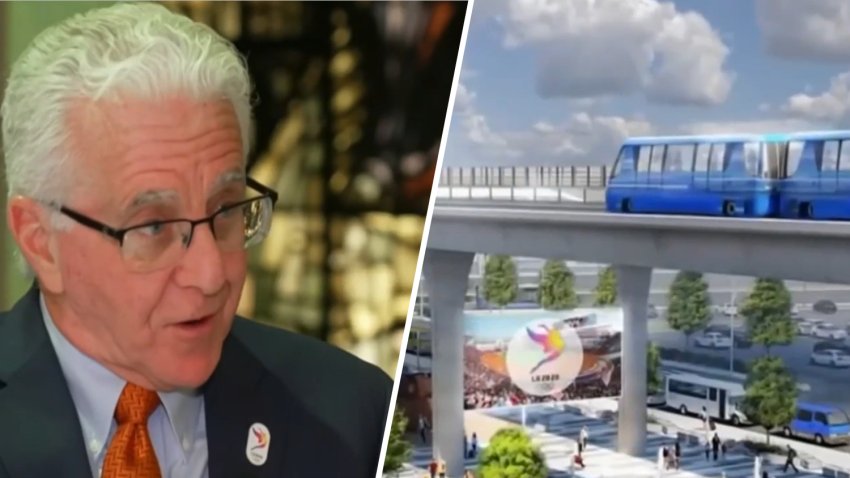 Los Angeles LA28 leader Paul Krekorian next to a rendering of a public transit project in LA.