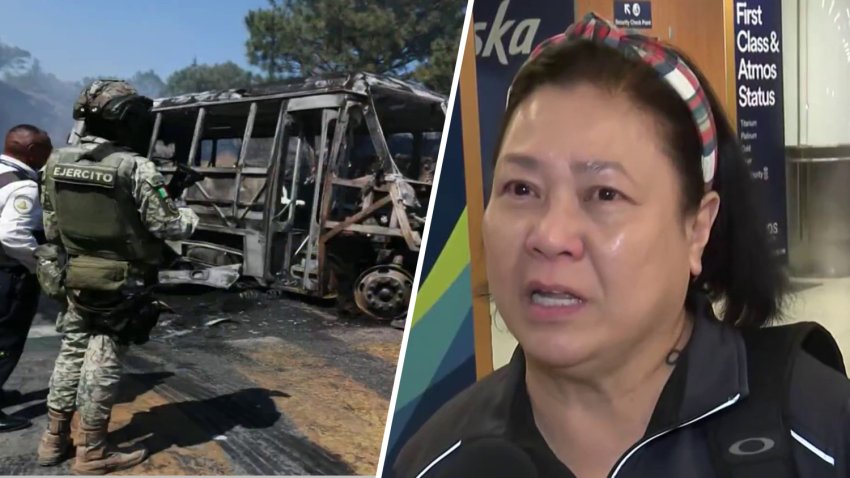 Marilou Buquid speaks at LAX February 23, 2026 about the violence in Mexico.