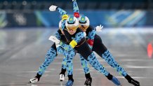 Kazakhstan's Nadezhda Morozova (front), Kazakhstan's Arina Ilyachshenko (R) and Kazakhstan's Elizaveta Golubeva compete