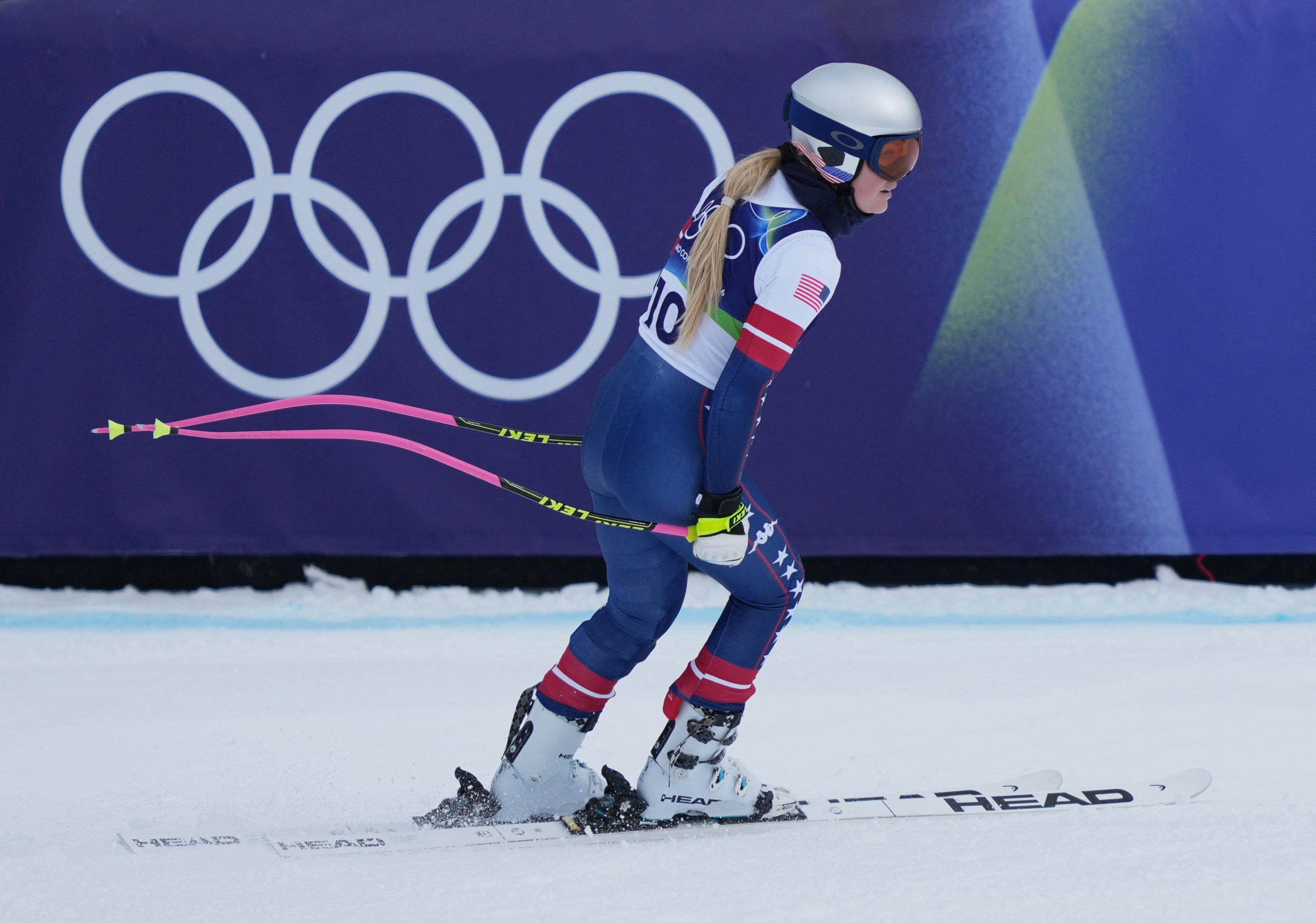 Lindsey Vonn of the United States in the finish area during women's downhill training during the Milano Cortina 2026 Olympic Winter Games