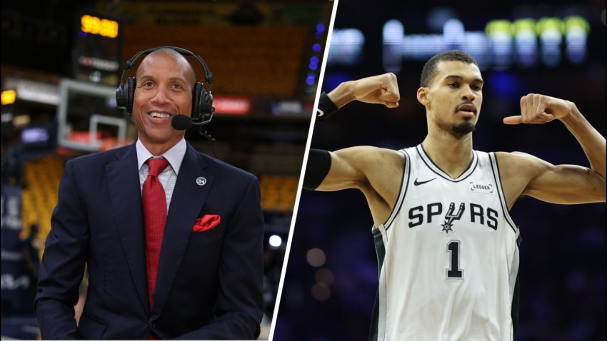 On the left: eggie Miller speaks during a broadcast prior to game four of the eastern conference finals between the Indiana Pacers and the New York Knicks for the 2025 NBA Playoffs at Gainbridge Fieldhouse. On the right: an Antonio Spurs forward Victor Wembanyama (1) reacts after his team scores against the Philadelphia 76ers during the second quarter at Xfinity Mobile Arena.
