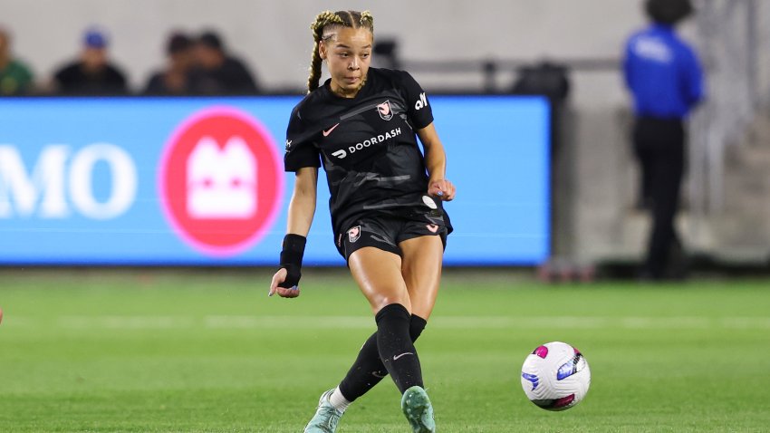 Angel City FC defender Savy King (3) passes the ball during the second half of a soccer game against the Utah Royals at BMO Stadium.