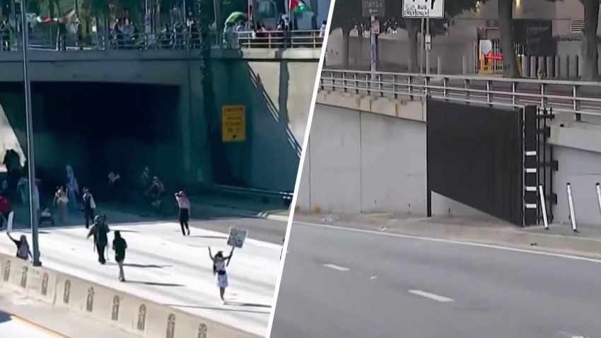A protest in June 2025 is pictured alongside a gate on a 101 Freeway ramp in downtown Los Angeles.