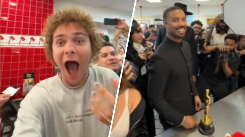 Gleb Vashkevich, left, reacts after Oscar winner Michael B. Jordan walked into a Hollywood In N Out Burger Sunday March 15, 2026.