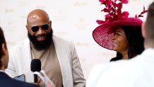 LOUISVILLE, KENTUCKY - MAY 02: (L-R) Brandon Siler and Pamela Siler attend the Kentucky Derby 152 at Churchill Downs on May 02, 2026 in Louisville, Kentucky. (Photo by Jeff Schear/Getty Images for Churchill Downs)