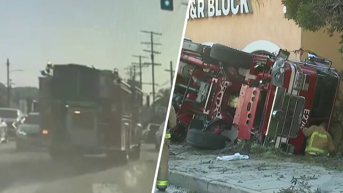 LAFD fire truck crashes and rolls onto side in front of Sunland H&R Block