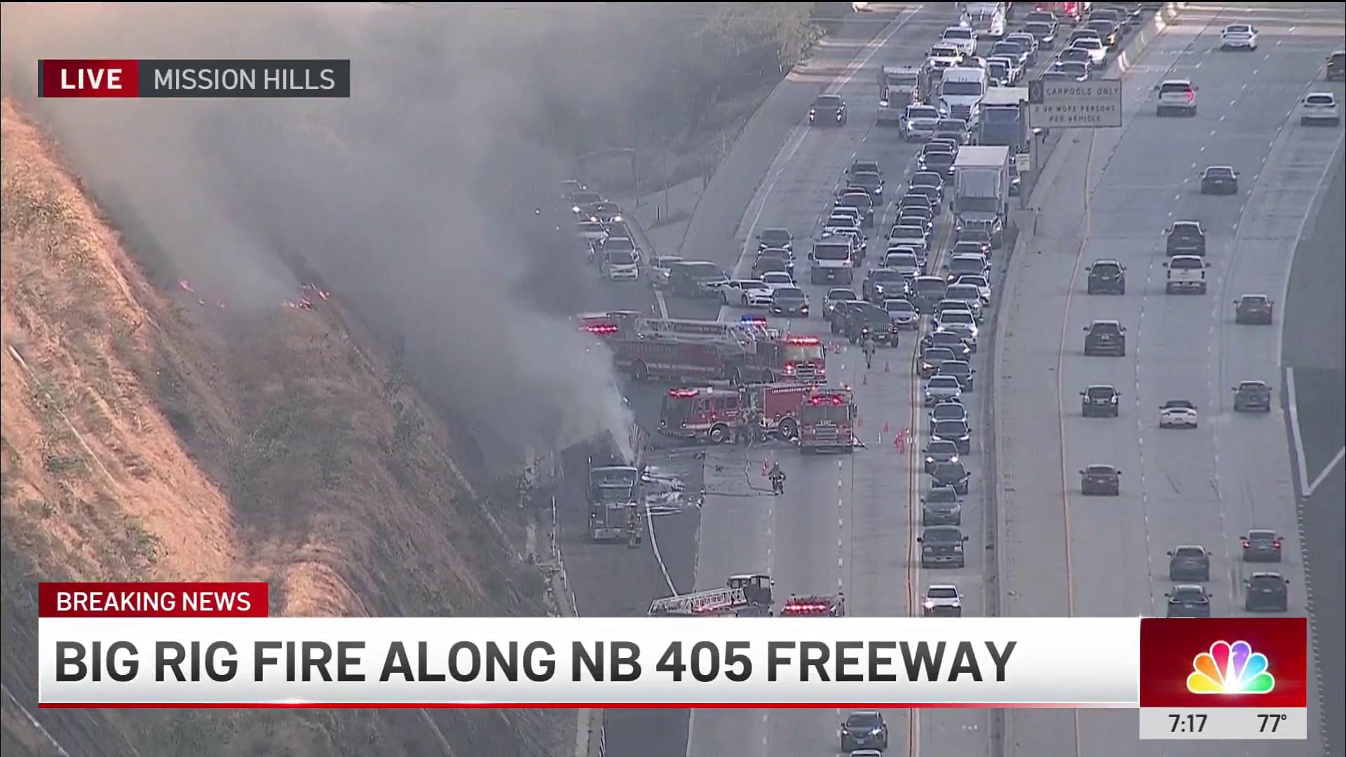 Brush fire burns along 405 Freeway in Mission Hills – NBC Los Angeles