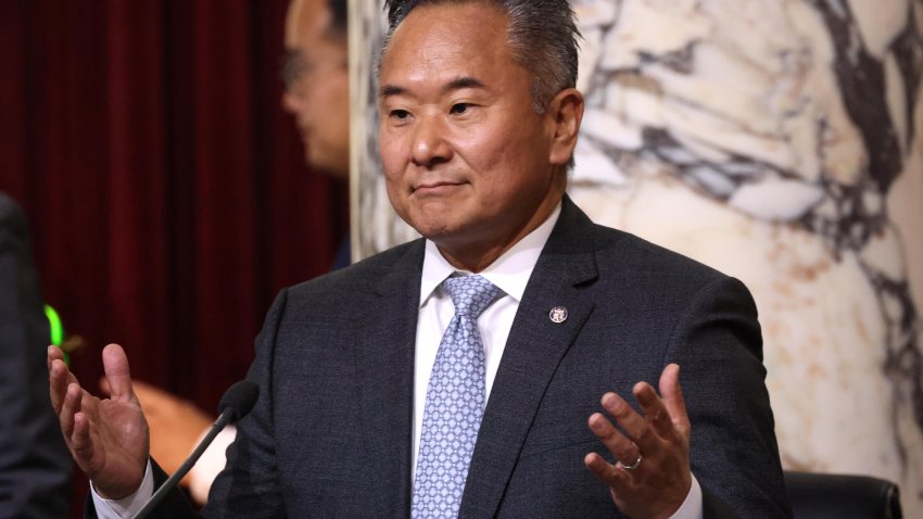 LOS ANGELES, CA – SEPTEMBER 20, 2024 – Los Angeles City Council member John Lee makes a statement inside council chambers at City Hall in downtown Los Angeles on September 20, 2024. (Genaro Molina/Los Angeles Times via Getty Images)