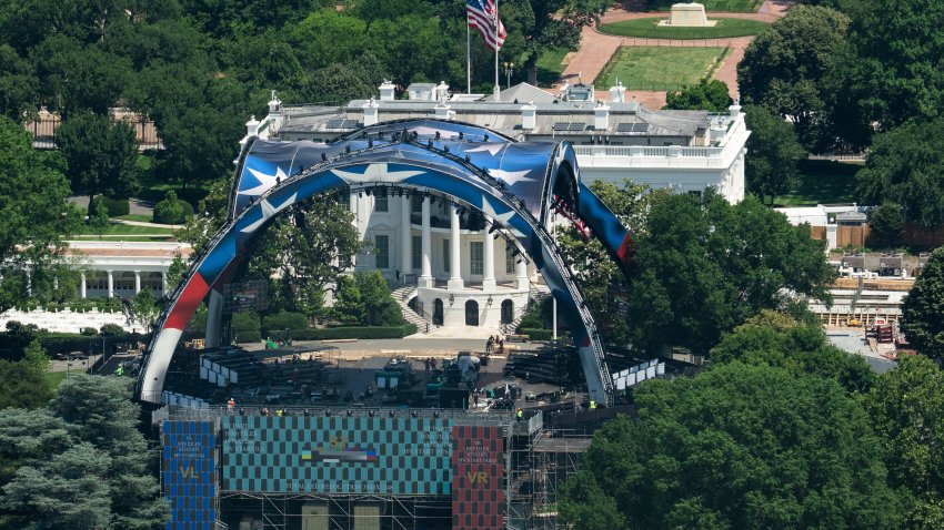 WASHINGTON, DC – JUNE 7: In an aerial view from the Washington Monument, preparations continue for the Ultimate Fighting Championship Freedom 250 event on the White House South Lawn on June 07, 2026 in Washington, DC. President Donald Trump