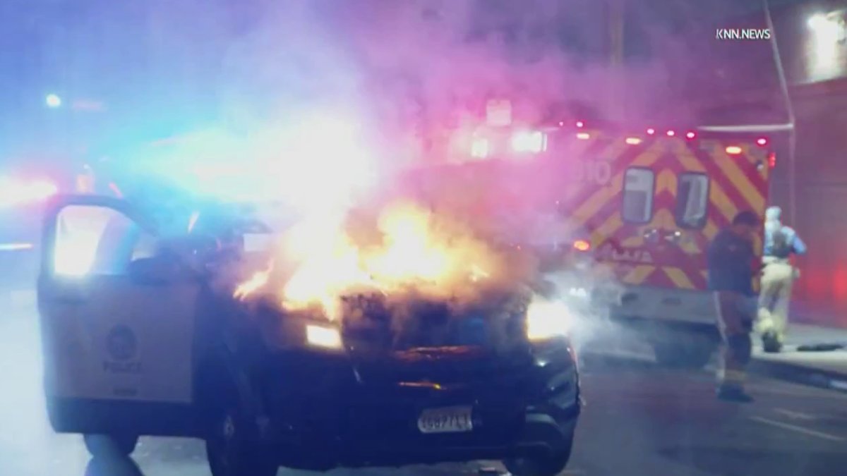 Police patrol car catches on fire after pursuit in downtown LA