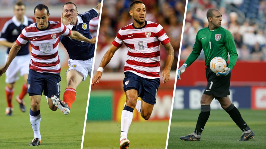 Landon Donovan, Clint Dempsey and Tim Howard are pictured.