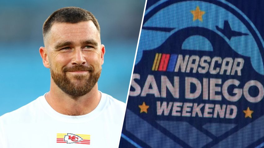 Left: File. Travis Kelce #87 of the Kansas City Chiefs looks on prior to playing the Jacksonville Jaguars at EverBank Stadium on October 06, 2025 in Jacksonville, Florida. Megan Briggs/Getty Images. Right: NBC 7