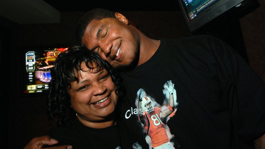 Calais Campbell celebrates his draft pick with his mother Nateal in 2008