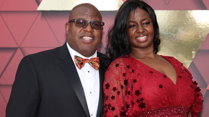 Kansas City Chiefs offensive coordinator Eric Bieniemy and wife Mia on the Red Carpet before the Super Bowl Championship Ring Ceremony on June 15, 2023 at Union Station in Kansas City, MO.