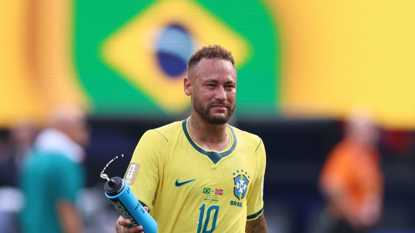 Neymar Jr. of Brazil looks dejected at the FIFA World Cup.