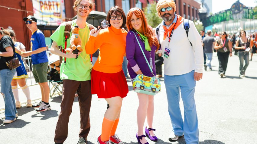 SAN DIEGO, CALIFORNIA – JULY 23:  Shaggy Rogers, Velma Dinkley, Daphne Blake, and Fred Jones from Scooby-Doo cosplay is seen during 2026 Comic-Con International: San Diego on July 23, 2026 in San Diego, California. (Photo by Matt Winkelmeyer/Getty Images)