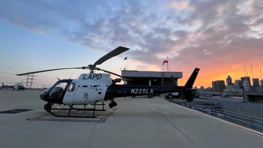 An undated image of LAPD Helicopter, N225LA, parked at the department's Hooper heliport in downtown Los Angeles.
