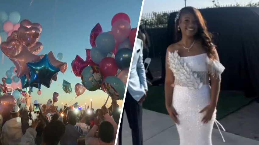 Balloons released at Manhattan Beach Pier on Wednesday, July 8, 2026, in honor of Meah Bordenave-Jenkins, who died after a shooting in Compton on the Fourth of July.