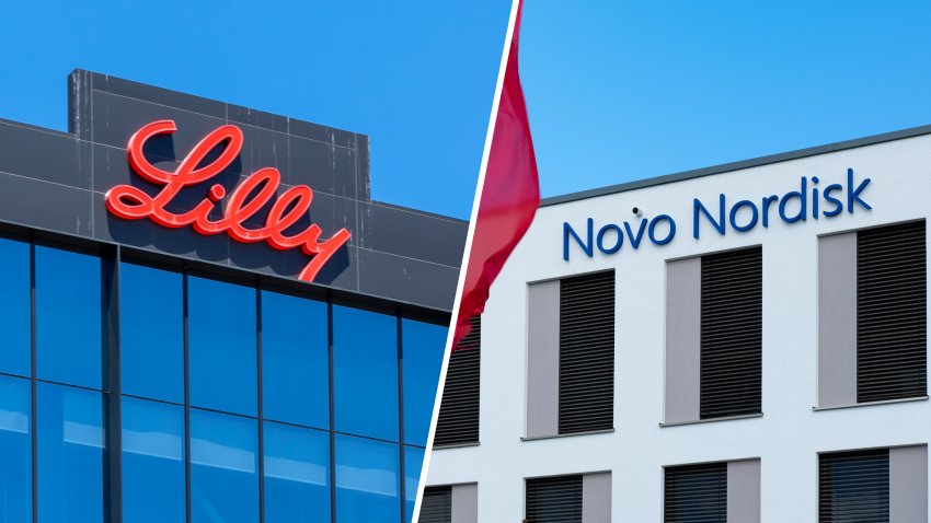 A Lilly Biotechnology Center in San Diego, California, and Novo Nordisk flags and logo displayed outside the company’s facility in Mainz, Germany.
