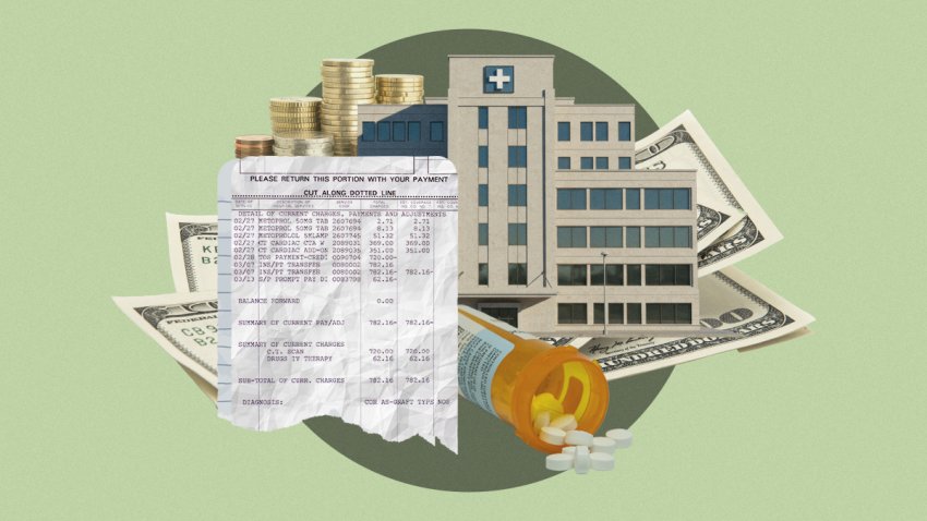 Composite image of hospital, medical bill, pill bottle, paper money and coins.