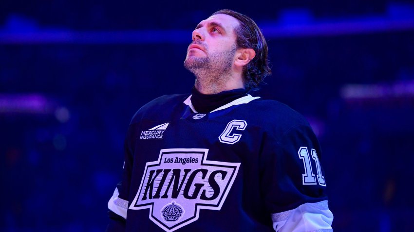 Anze Kopitar #11 of the Los Angeles Kings looks on during the National Anthem prior to the game against the Colorado Avalanche in Game Four of the First Round of the 2026 Stanley Cup Playoffs at Crypto.com Arena on April 26, 2026.