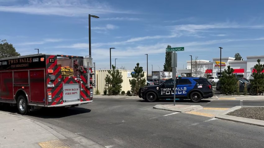 This image provided by KMVT shows the scene of a shooting that started at an In-N-Out Burger restaurant, Saturday, Aug. 1, 2026 in Twin Falls, Idaho.
