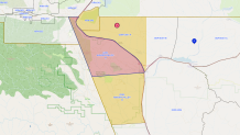 The areas under an evacuation order (red) and warnings (yellow) just before 5 p.m. on Friday, Aug. 7, 2026.